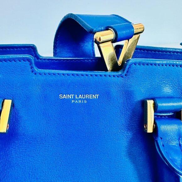 YVES SAINT LAURENT PARIS PETIT CABAS Y LINE 2-WAY BLUE LEATHER SHOULDER HANDBAG